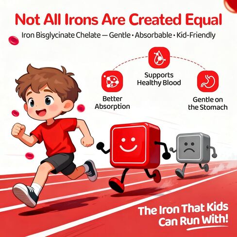 Iron Gummies for Kids & Teens, Kids Multivitamin with Iron Supplement, Vitamin B Complex, A, C, D3, Calcium, Zinc, DHA, Prebiotic, Blood Builder & Energy Support for Iron Deficiency, Vegan, 60 Ct in Kuwait