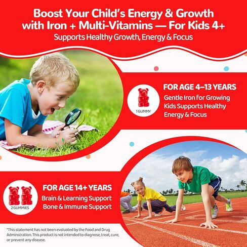 Iron Gummies for Kids & Teens, Kids Multivitamin with Iron Supplement, Vitamin B Complex, A, C, D3, Calcium, Zinc, DHA, Prebiotic, Blood Builder & Energy Support for Iron Deficiency, Vegan, 60 Ct in Kuwait