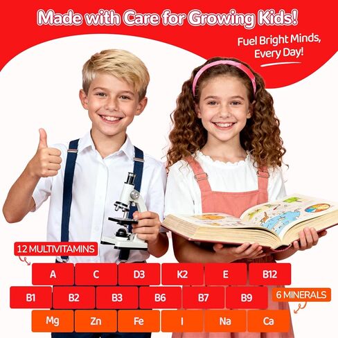 Iron Gummies for Kids & Teens, Kids Multivitamin with Iron Supplement, Vitamin B Complex, A, C, D3, Calcium, Zinc, DHA, Prebiotic, Blood Builder & Energy Support for Iron Deficiency, Vegan, 60 Ct in Kuwait