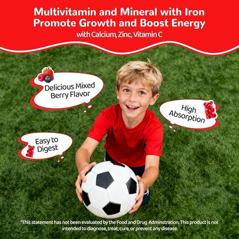 Iron Gummies for Kids & Teens, Kids Multivitamin with Iron Supplement, Vitamin B Complex, A, C, D3, Calcium, Zinc, DHA, Prebiotic, Blood Builder & Energy Support for Iron Deficiency, Vegan, 60 Ct in Kuwait