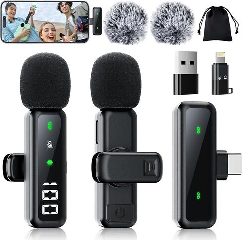Wireless Mini Microphone for iPhone, 2 Pack Lavalier Mic with Noise Reduction & Battery Display, Clip-On Mic for iPad Android PC, iPhone Mic for Content Creators Vlog Podcast Video Recording in Kuwait