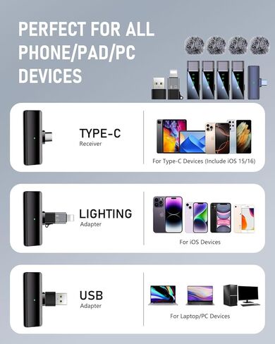 4 Wireless Lavalier Microphone System for iPhone Android Phone Computer, Mini Lapel Mic with USB C/Lightning, 48KHz 24Bit, Reverb,Noise Cancelling for Video Recording Podcast Stream Vlog TikTok in Kuwait