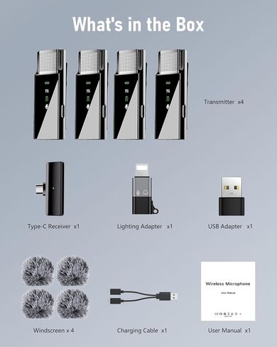 4 Wireless Lavalier Microphone System for iPhone Android Phone Computer, Mini Lapel Mic with USB C/Lightning, 48KHz 24Bit, Reverb,Noise Cancelling for Video Recording Podcast Stream Vlog TikTok in Kuwait