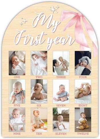 My First Year Milestone Photo Board, One Year Of Wood Photo Board, 12 Monthly Baby Picture Frame, Pink Bow Nursery Decor, Girl Boy 1st Birthday Decorations, Baby Shower Keepsake Best Gift-A16 in Kuwait