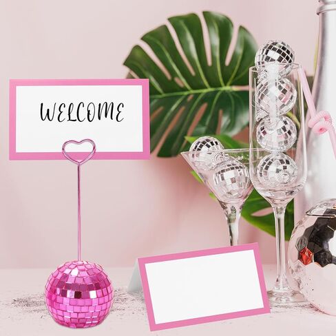 Whaline 60Pcs 2 Inch Disco Ball Table Number Holders Place Cards Set Pink Tented Cards Name Cards Stands with Heart Swirl Wire for Party Table Sign Display Supplies in Saudi Arabia