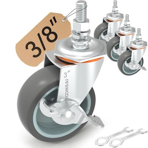 عجلات العجلات 3 بوصة، مجموعة من 4، جذع ملولب (3/8 بوصة - 16 UNC × 1.5 بوصة)، عجلة مسمار شفافة شديدة التحمل 660 رطل لأرفف الأسلاك المعدنية، الرف، الرف، الرف، للعجلات المطاطية عالية المرونة in Saudi Arabia