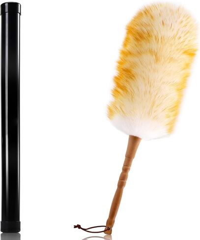 Lambswool Duster with Solid Wooden Handle,Leather Hang Strap,18.9 inch Long,Natural Feather Duster for Cleaning Ceiling Fans,Window Blinds,Computer Screens,Bookshelves etc in Kuwait