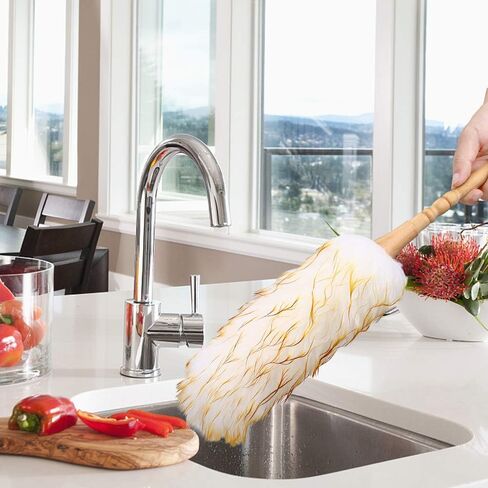 Lambswool Duster with Solid Wooden Handle,Leather Hang Strap,18.9 inch Long,Natural Feather Duster for Cleaning Ceiling Fans,Window Blinds,Computer Screens,Bookshelves etc in Kuwait