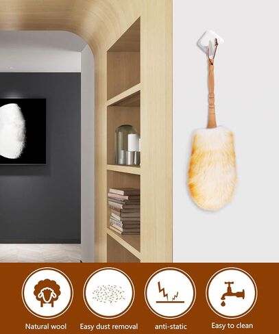 Lambswool Duster with Solid Wooden Handle,Leather Hang Strap,18.9 inch Long,Natural Feather Duster for Cleaning Ceiling Fans,Window Blinds,Computer Screens,Bookshelves etc in Kuwait