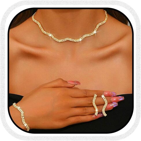 Aukmla Rhinestones Bridal Wedding Jewelry Set Choker Necklaces Earrings Bracelet Sets Prom Jewelry for Women and Brides in Kuwait