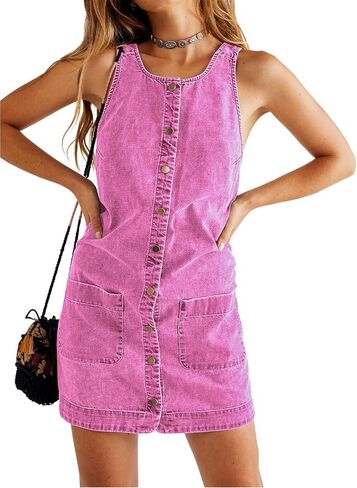 Yousify Womens Disualess Slyveless Desils Lasses Button Button Down Summer Jean Mini Dress 2025 عصرية رومبير مع جيوب in Saudi Arabia