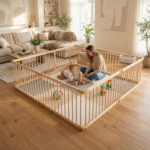 Miotetto Baby Playpen, Wooden Playpen for Babies and Toddlers, Foldable Fence with Montessori Activity Panel, Storage Basket & Gate, Portable, Easy to Assemble Baby Play Pen Natural Wood Playyard in Kuwait