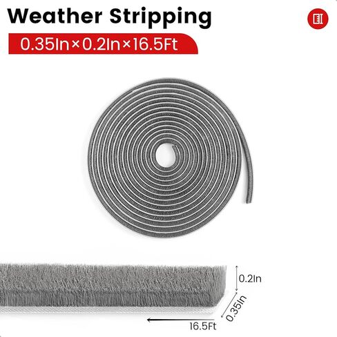 Weather Stripping for Doors and Windows, Brush Seal Strip, Strong Adhesive, Weatherproof, Dustproof, Soundproof, Noise and Wind Blocker, Gap Filler, Window Insert, Grey, 0.35 in x 0.20 in x 16.5 FT in Saudi Arabia