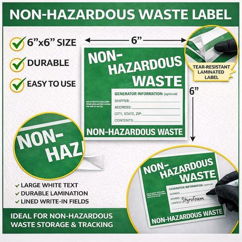 ملصقات نفايات غير خطرة، مقاس 6 × 6 بوصات، أخضر/أبيض، فينيل ذاتي اللصق، عبوة من 25 قطعة in Kuwait
