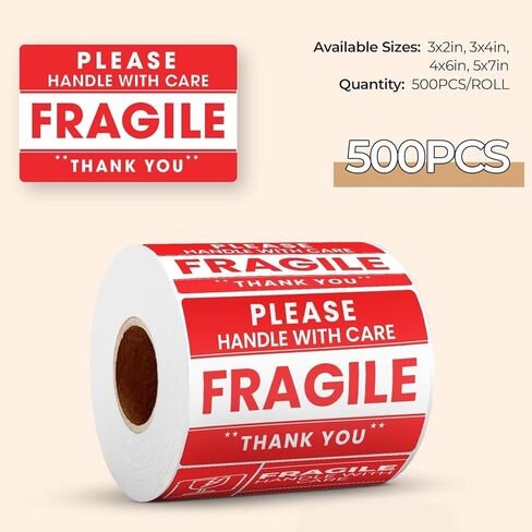 StickerJet Fragile Handle with Care Stickers Roll – (500 Labels, 2"x3") Bright Shipping and Packaging Labels with Strong Adhesive – Made in USA in Kuwait