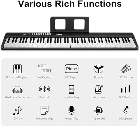 بيانو كهربائي محمول من MOSEN 88 مفتاحًا، لوحة مفاتيح بيانو كاملة الحجم حساسة شبه مرجحة، حزمة مع ميكروفون، شاشة LCD، USB MIDI، مسند موسيقى، ملصق، للسفر المنزلي للمبتدئين in Kuwait