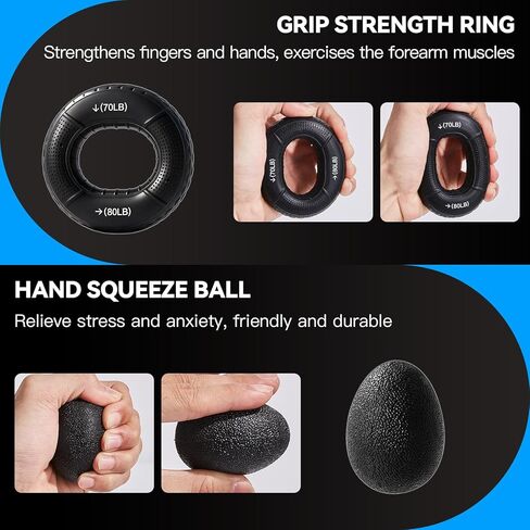طقم تدريب قوة القبضة مكون من 7 قطع، مقابض مقاومة للساعد قابلة للتعديل، ممددات الأصابع، حلقة قبضة، كرة ضغط اليد، تمارين الأصابع، دليل المستخدم، مناسبة لتدريب اليد، مناسبة للجميع in Kuwait