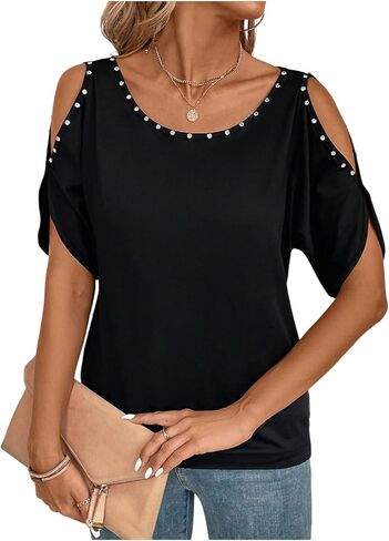 Verdusa Women's Cold Shoulder Beaded Blouse Top Elegant Summer Scoop Neck Dressy T Shirts Tops in Kuwait