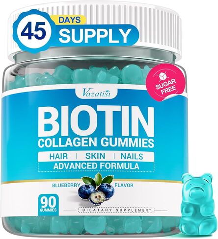 علكات البيوتين 10000 ميكروجرام مع الكولاجين - علكات نمو الشعر 23 في 1 للنساء والرجال - علكات الشعر والبشرة والأظافر مع الكيراتين والبلميط المنشاري - خالية من السكر وغير معدلة وراثيًا، التوت الأزرق، 90 قطعة in Kuwait