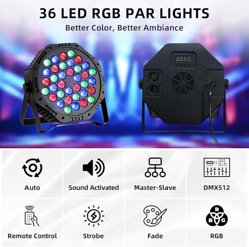 36LED Par Light، 9-Mode RGB DJ Stage Lights مع جهاز التحكم عن بعد، أضواء ستروب لتنشيط الصوت، مصابيح علوية داخلية لموسيقى عيد الميلاد والمراقص والرقص وحفلات الزفاف (عبوتان) in Kuwait