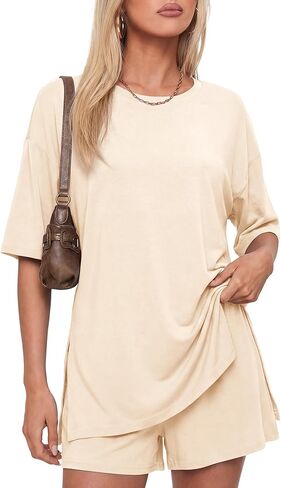 Darong Women's Two Piece Loungewear Set Summer Casual Boxy Shirts Drawstring Shorts Matching Airport Travel Outfit in Saudi Arabia