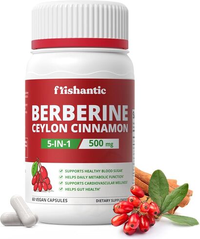30-Day Supply Berberine with Ceylon Cinnamon, 500mg Berberine Supplement for Blood Sugar Support, Metabolism*, Gluten-Free, Non-GMO & Vegan, 60 Capsules in Saudi Arabia
