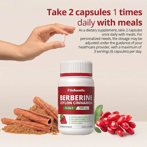 30-Day Supply Berberine with Ceylon Cinnamon, 500mg Berberine Supplement for Blood Sugar Support, Metabolism*, Gluten-Free, Non-GMO & Vegan, 60 Capsules in Saudi Arabia