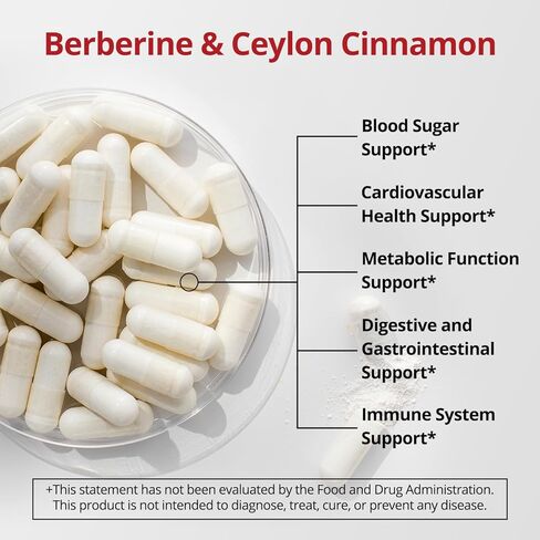 30-Day Supply Berberine with Ceylon Cinnamon, 500mg Berberine Supplement for Blood Sugar Support, Metabolism*, Gluten-Free, Non-GMO & Vegan, 60 Capsules in Saudi Arabia