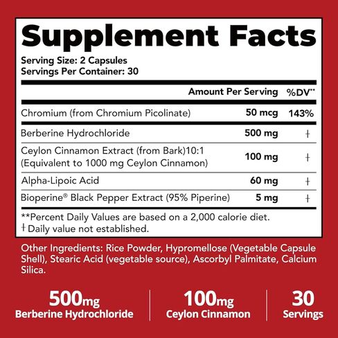 30-Day Supply Berberine with Ceylon Cinnamon, 500mg Berberine Supplement for Blood Sugar Support, Metabolism*, Gluten-Free, Non-GMO & Vegan, 60 Capsules in Saudi Arabia