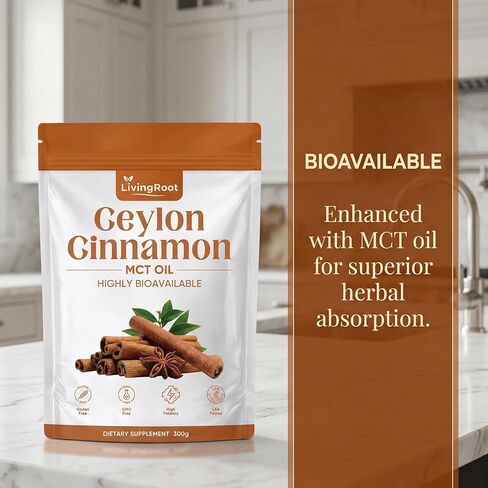 قرفة سيلان من ليفينغ روت مصنوعة من زيت Mct، ومسحوق قرفة ليفينغ روت سيلان، ومستخلص عشبي عالي التوافر بيولوجيًا | غير معدل وراثيًا، خالي من الغلوتين (1 قطعة) in Kuwait