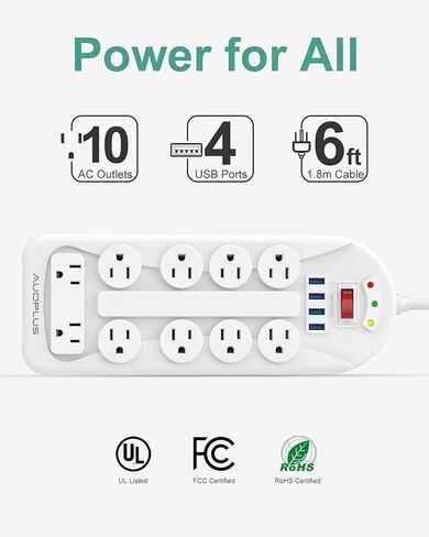 قطاع الطاقة AUOPLUS Surge Protector - 6 منافذ مع 3 منافذ USB، سلك تمديد 5FT، غطاء منافذ توصيل مسطحة لشرائط الطاقة مع حماية من الحمل الزائد للمنزل والمكتب والسفر in Kuwait