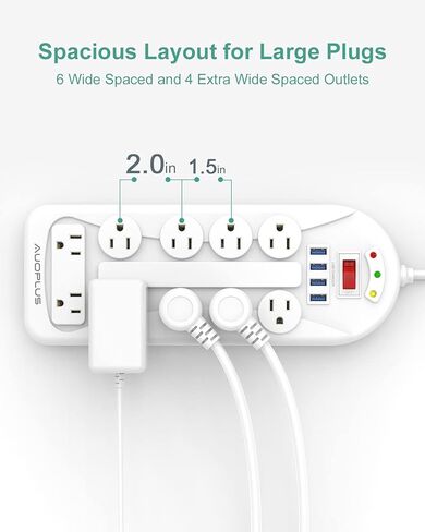 قطاع الطاقة AUOPLUS Surge Protector - 6 منافذ مع 3 منافذ USB، سلك تمديد 5FT، غطاء منافذ توصيل مسطحة لشرائط الطاقة مع حماية من الحمل الزائد للمنزل والمكتب والسفر in Kuwait