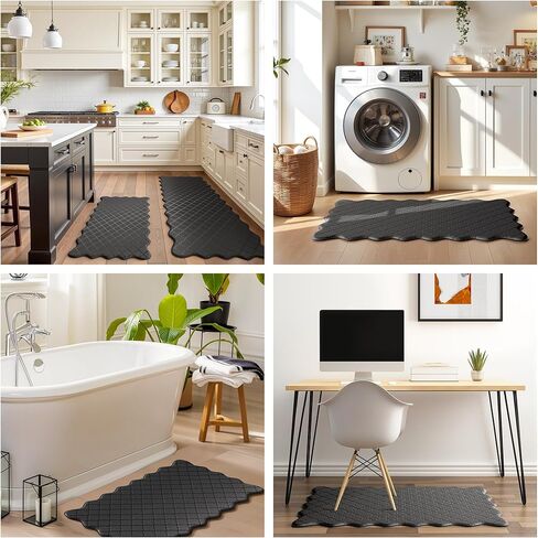 ترقية سجادات المطبخ المنقوشة على شكل صدفي للأرضية قطعتين مبطنة ومضادة للتعب ومضادة للتعب وسجاد المطبخ من الإسفنج المقاوم للماء وغير قابلة للانزلاق وقابلة للغسل وبساط مريح للغسيل في حوض المكتب، أسود in Kuwait