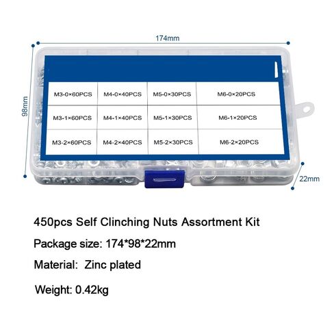 Zkensh-Bolts 450 قطعة من صامولة التثبيت الذاتي المصنوعة من الفولاذ المطلي بالزنك M3 M4 M5 M6 PEM مجموعة متنوعة من صامولة التثبيت بالضغط، تستخدم على نطاق واسع in Kuwait