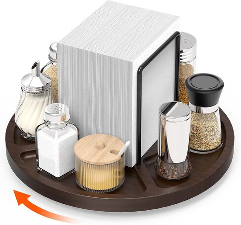 Napkin Holder for Table, Rotating Napkin Dispenser with Salt and Pepper Shakers Storage, Standing Paper Napkin Organizer for Kitchen Dining Table Decor (1, Brown) in Kuwait