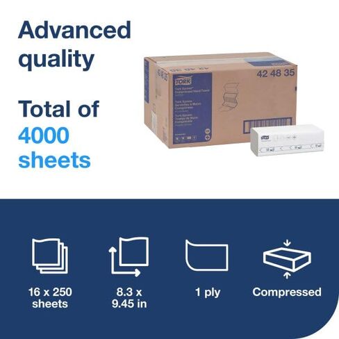 Tork Xpress Compressed Multifold Hand Towel White H2, Advanced, Strong and Absorbent, 16 x 250 Sheets, 424835 in Saudi Arabia