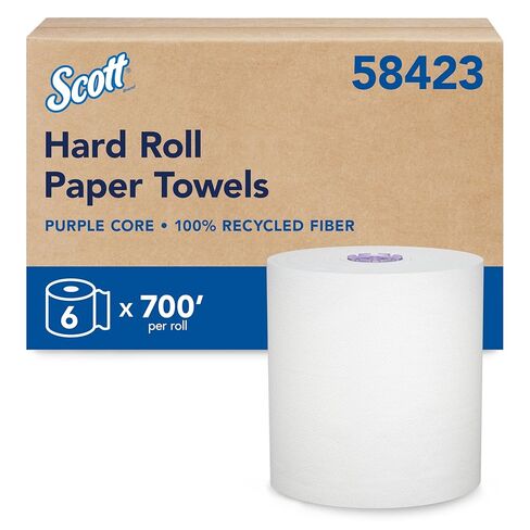 Scott® Essential 100% Recycled Hard Roll Paper Towels, Bulk (58423), Hardwound, Absorbency Pockets™, White, Fits Scott Essential Purple Core Dispensers (6 Rolls at 700' Each, 4,200'/Case) in Kuwait