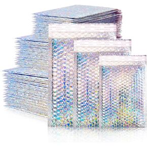 Metallic Bubble Mailers Set of 50, 3 Sizes Holographic Bubble Shipping Bags, Waterproof Self Seal Padded Cushion Envelopes for Packing, Mailing, Business, Jewelry, Makeup in Kuwait