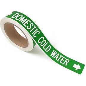25-Pack Domestic Cold Water Pipe Labels, ASME A13.1 Compliant, 1" x 9.5" with Cuttable Arrow, Green & White Text, Weatherproof, Permanent Adhesive in Kuwait