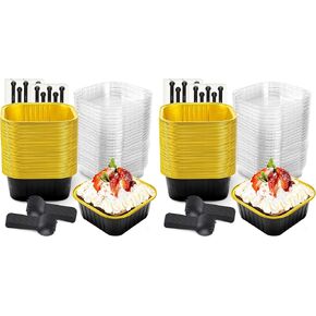 50 Pcs Mini Cake Pans with Lids and Spoons Aluminum Foil Mini Square Baking Cups with Lids Disposable Ramekins Cake Pans Dessert Cups for Wedding Birthday Party(Pink,5oz) in Kuwait