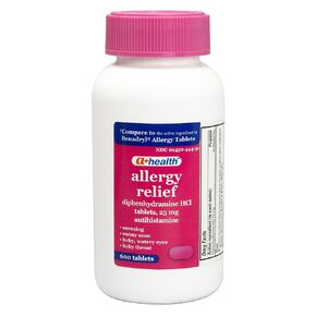 أقراص A+Health Allergy Relief Diphenhydramine HCl 25 ملغ، عدد 600، مضادات الهيستامين لتخفيف سيلان الأنف والعطس والعيون الدامعة، زجاجة كبيرة الحجم ذات قيمة كبيرة للبالغين والأطفال من سن 6 سنوات فما فوق in Kuwait
