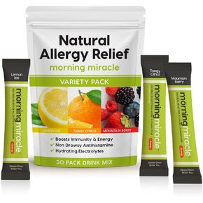 Morning Miracle Natural Allergy Relief Non-Drowsy Drink Mix for Sinus Support, Steady Energy, and Daily Natural Antihistamine for Adults and Kids (Non Caffeinated, 30 Stick Variety Pack) in Saudi Arabia