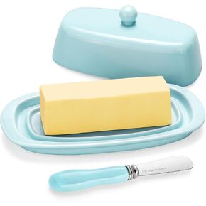 طبق زبدة سيراميك من Yedio مع غطاء وسكين لثلاجة سطح الطاولة، حامل زبدة بيضاء مقاس 8 بوصة مع مقبض غطاء من البورسلين لعصا زبدة الساحل الشرقي الغربي in Kuwait