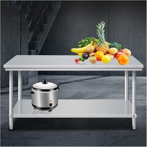 طاولة إعداد الطعام من طبقتين، طاولة عمل تجارية من الفولاذ المقاوم للصدأ، منضدة مطبخ شديدة التحمل مع أقدام قابلة للتعديل ودعم شعاع سفلي in Kuwait
