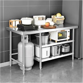 طاولة عمل تجارية للمطاعم من 3 طبقات، منضدة سميكة من الفولاذ المقاوم للصدأ، تصميم زاوية مستديرة، هيكل مثلث، قدم قابلة للتعديل (15.7 × 39.4 × 31.5 بوصة) in Kuwait