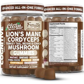 Clean Nutra Lions Mane Mushroom Gummies مكملات كورديسيبس للذاكرة والتركيز، دعم المناعة، فيتامينات ريشي تشاجا، فطر ذيل الديك الرومي، مكملات شيتاكي مايتاكي ميشيما الصمغية in Kuwait