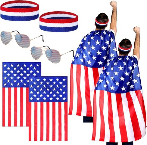 Mepase 12 Pcs 4th of July American Flag Cape Independence Day USA Outfits Sunglasses Flag Headband Patriotic Accessories (Adults) in Saudi Arabia
