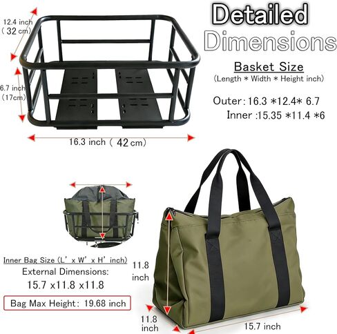 Rear Bike Basket - Bicycle Rear Basket with Waterproof Storage Bag, Heavy Duty Bike Baskets Rear Large Capacity for Most Mounted Bikes and E-Bike Perfect for Grocery Hauls Commuting in Kuwait