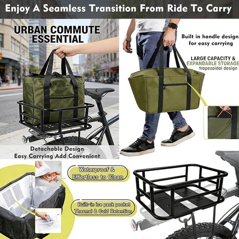 Rear Bike Basket - Bicycle Rear Basket with Waterproof Storage Bag, Heavy Duty Bike Baskets Rear Large Capacity for Most Mounted Bikes and E-Bike Perfect for Grocery Hauls Commuting in Kuwait