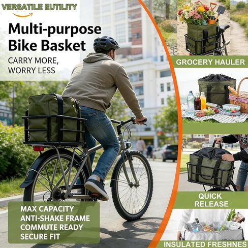 Rear Bike Basket - Bicycle Rear Basket with Waterproof Storage Bag, Heavy Duty Bike Baskets Rear Large Capacity for Most Mounted Bikes and E-Bike Perfect for Grocery Hauls Commuting in Kuwait